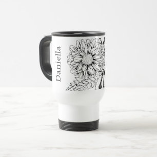 Chrysanthemum Black Line Drawing with Your Name Travel Mug