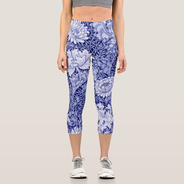 Chrysanthemum Blue, William Morris Capri Leggings (Front)
