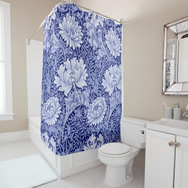 Chrysanthemum Blue, William Morris Shower Curtain (In Situ)