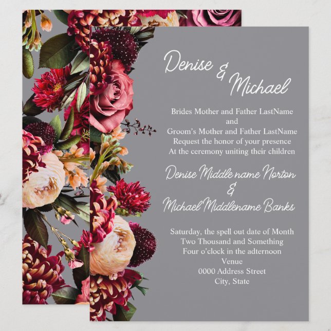 Chrysanthemum Chiselled Stone Couloured Invitation (Front/Back)