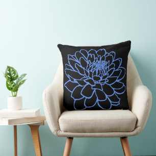 Chrysanthemum Drawing - Baby Blue on Black Cushion