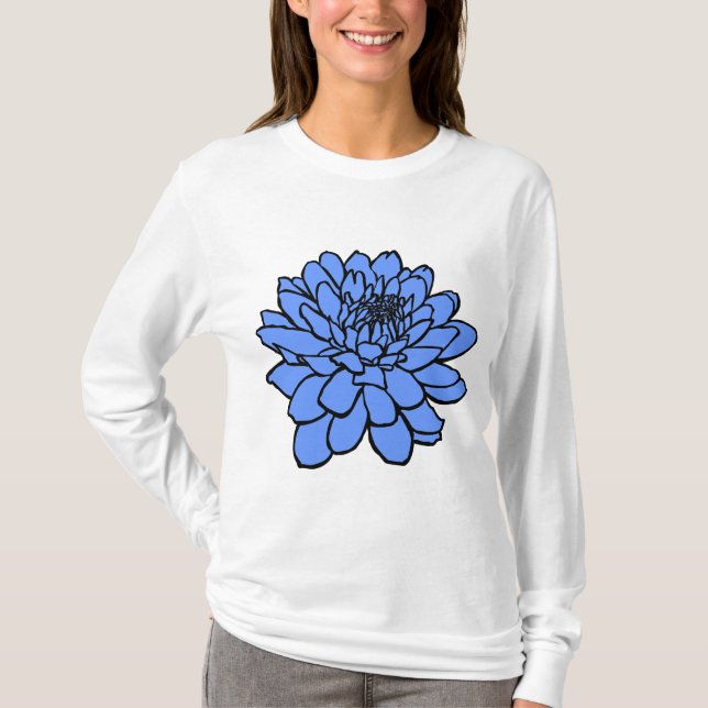 Chrysanthemum Drawing - Black and Baby Blue T-Shirt (Front)