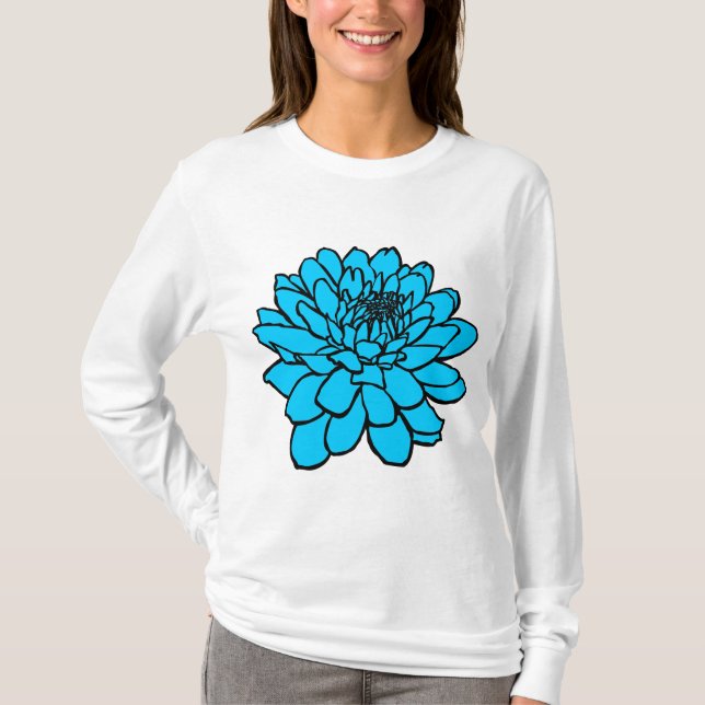 Chrysanthemum Drawing - Black and Sky Blue T-Shirt (Front)