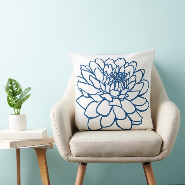 Chrysanthemum Drawing -  Indigo Style Blue Cushion (Chair)