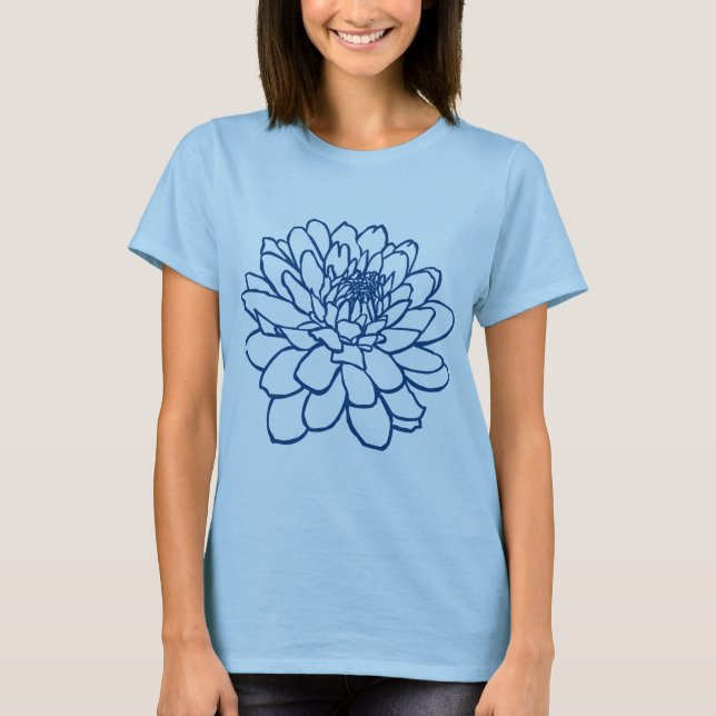 Chrysanthemum Drawing - Indigo Style Blue T-Shirt (Front)