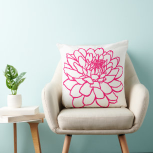 Chrysanthemum Drawing - Neon Red on White Cushion