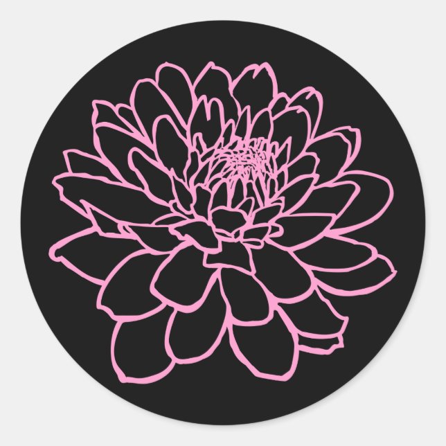 Chrysanthemum Drawing - Pink on Black Classic Round Sticker (Front)
