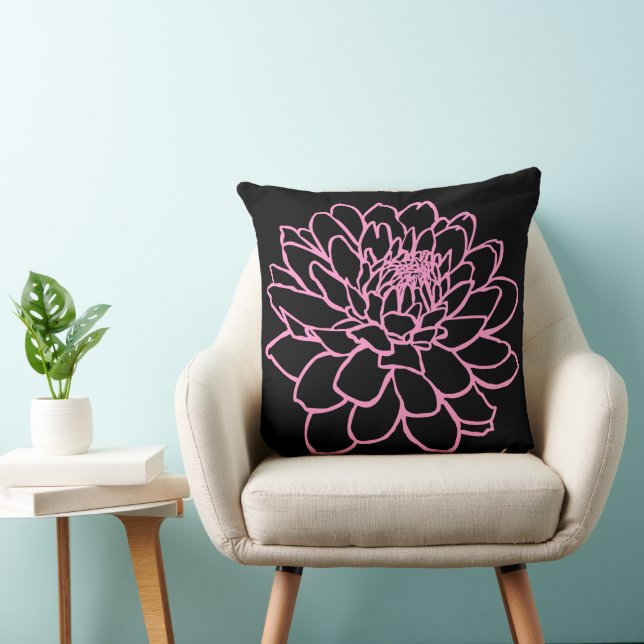 Chrysanthemum Drawing - Pink on Black Cushion (Chair)