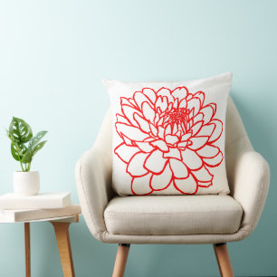Chrysanthemum Drawing - Red on White Cushion