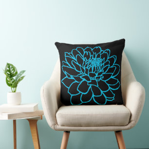 Chrysanthemum Drawing - Sky Blue on Black Cushion