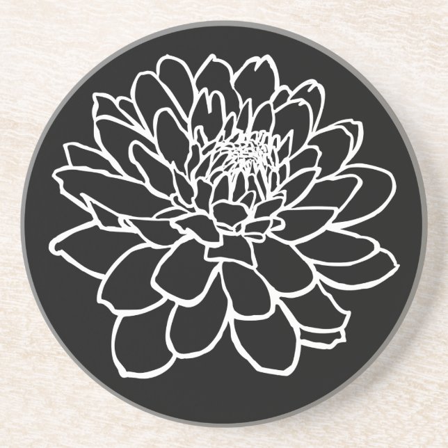 Chrysanthemum Drawing - White on Black Coaster (Front)