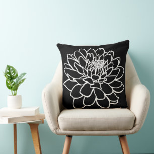 Chrysanthemum Drawing - White on Black Cushion