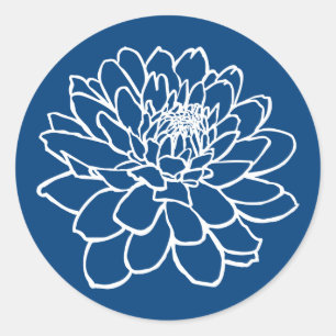 Chrysanthemum Drawing - White on Indigo Style Blue Classic Round Sticker
