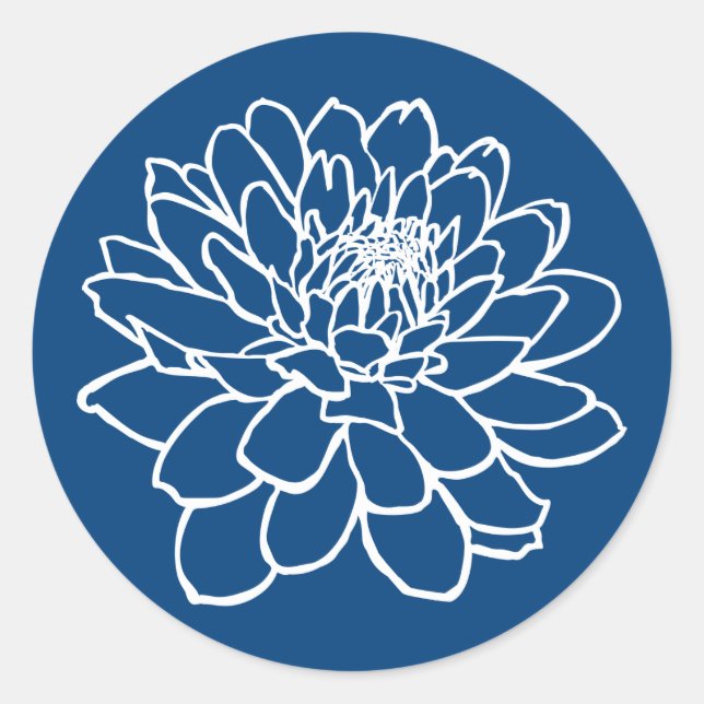 Chrysanthemum Drawing - White on Indigo Style Blue Classic Round Sticker (Front)