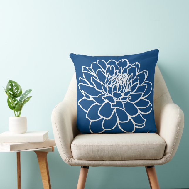 Chrysanthemum Drawing - White on Indigo Style Blue Cushion (Chair)
