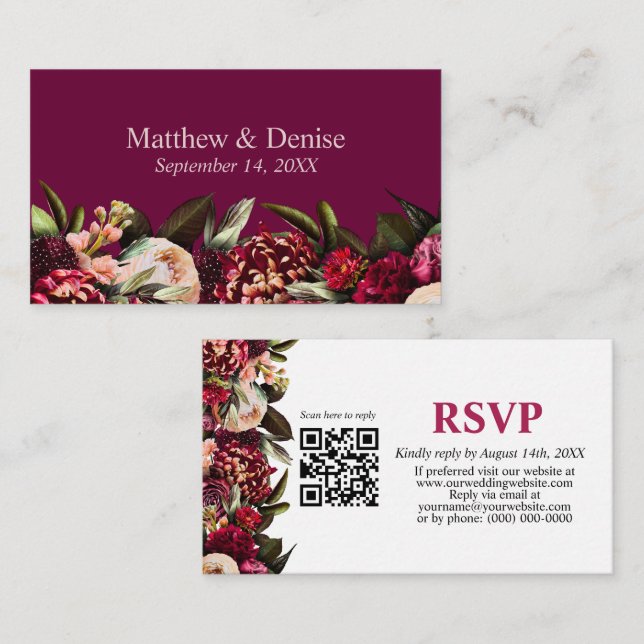 Chrysanthemum Elegant Burgundy RSVP Card QR Code (Front/Back)