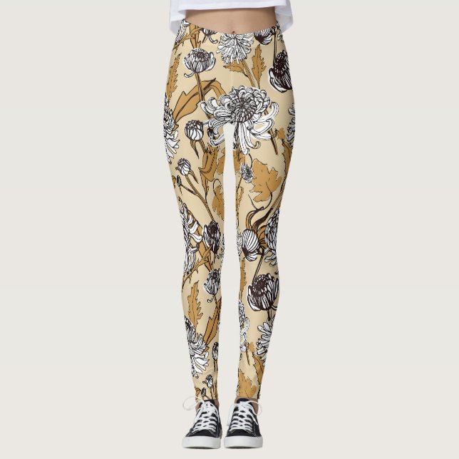 Chrysanthemum Flower Seamless Pattern Leggings (Front)