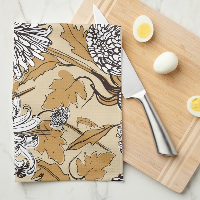 Chrysanthemum Flower Seamless Pattern Tea Towel (Quarter Fold)