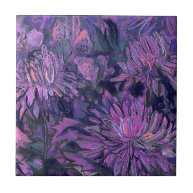 Chrysanthemum Flowers Floral Painting Violet Pink Tile (Front)