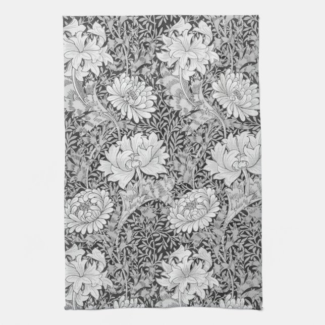 Chrysanthemum Grey, William Morris Tea Towel (Vertical)