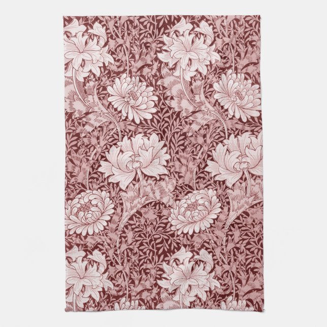 Chrysanthemum Maroon, William Morris Tea Towel (Vertical)