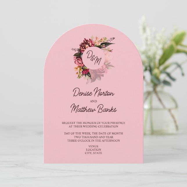 Chrysanthemum Monogram on Almond Blossom Pink Invitation (Standing Front)