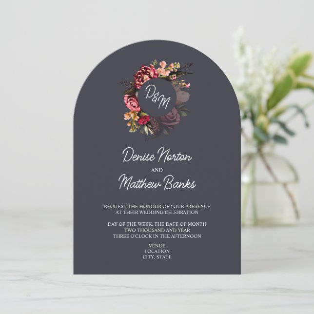 Chrysanthemum Monogram on Polar Night Invitation (Standing Front)
