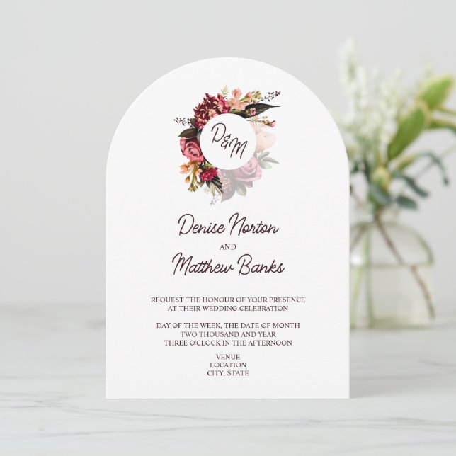 Chrysanthemum Monogram on Pure White Invitation (Standing Front)