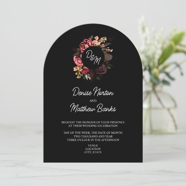Chrysanthemum Monogram on True Black Invitation (Standing Front)