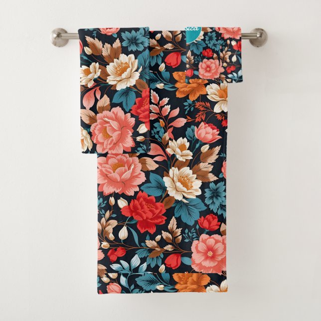 Chrysanthemum Mosaic Colourful Personalised Patter Bath Towel Set (Insitu)