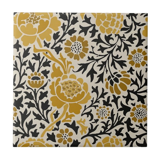 Chrysanthemum Mustard Yellow Tan Black Leaves  Tile (Front)