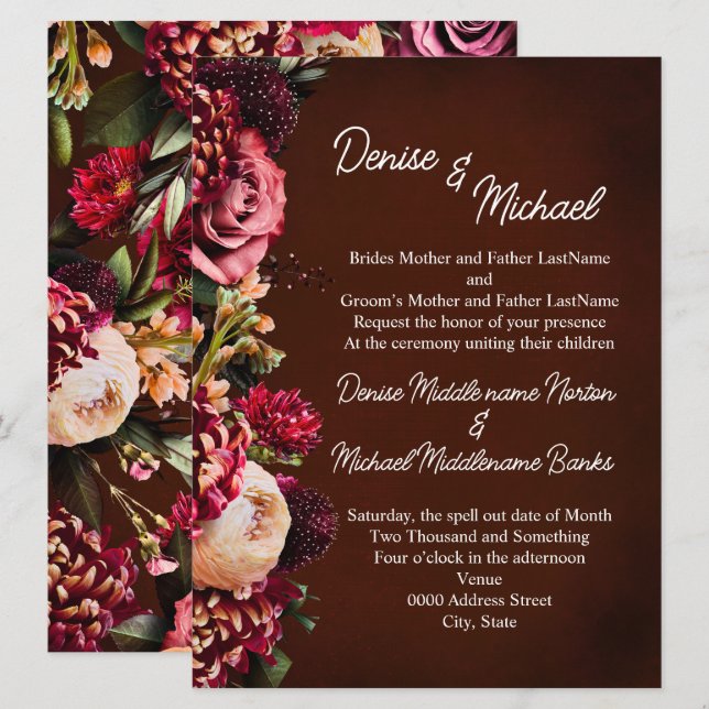 Chrysanthemum on Wine Wedding Invitation (Front/Back)