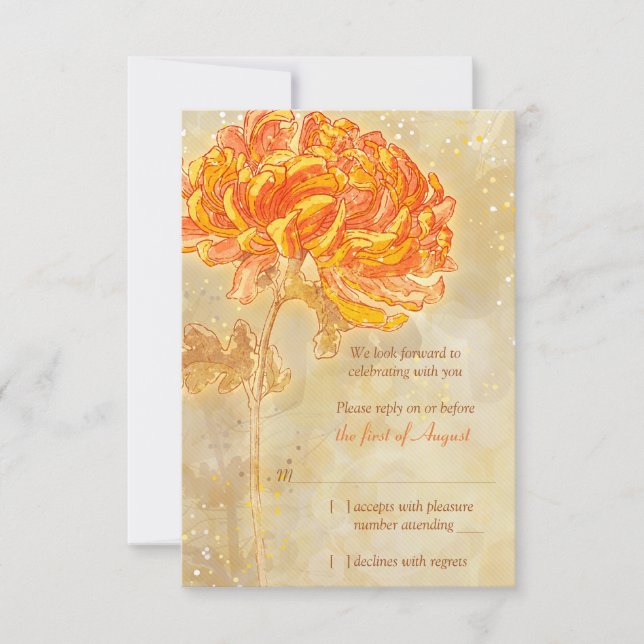 Chrysanthemum Orange Floral Wedding RSVP card (Front)