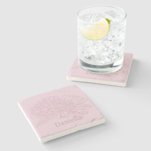 Chrysanthemum Pink Line Drawing with Your Name  Stone Coaster