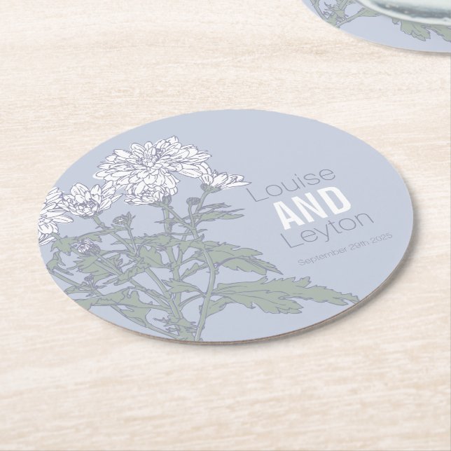 Chrysanthemum white flower art grey paper coasters (Angled)