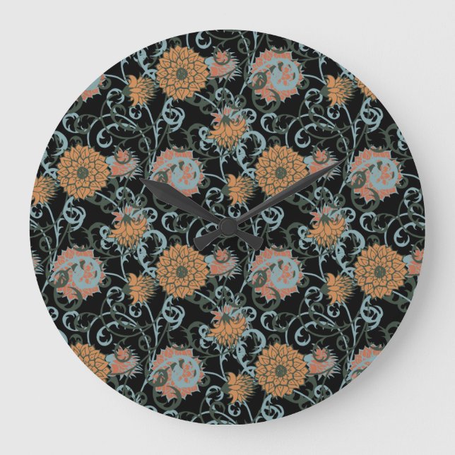 Chrysanthemums Black Background, Floral Vintage. Large Clock (Front)
