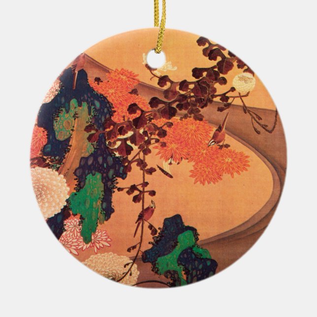 Chrysanthemums by a stream with rocks (1760) ceramic tree decoration (Front)