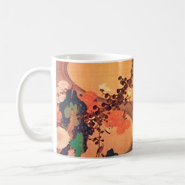 Chrysanthemums by a stream with rocks (1760) coffee mug (Left)