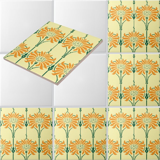 Chrysanthemums Flowers Art Nouveau Pattern Tile (Creator Uploaded)