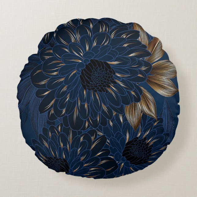 Chrysanthemums hand-drawn, elegant floral pattern. round cushion (Front)