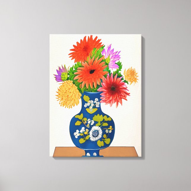 Chrysanthemums in a Blue Chinese Vase Canvas Print (Front)