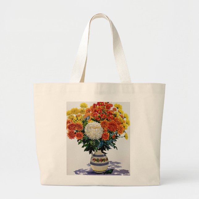 Chrysanthemums in a patterned jug 2005 large tote bag (Front)