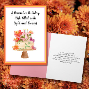 Chrysanthemums on Cake November Birthday Card