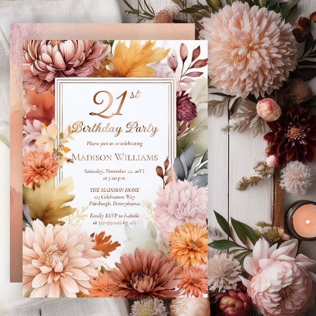 Chrysanthemums Peonies Floral 21st Birthday Party (Elegant Boho Chrysanthemums and Peonies Floral 21st Birthday Party Invitation - Rose Gold Foil)