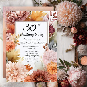 Chrysanthemums Peonies Floral 30th Birthday Party Invitation