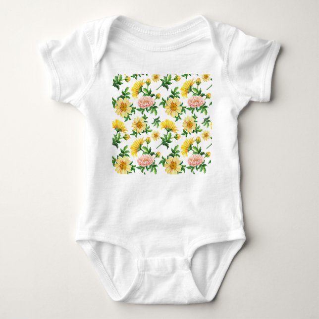 Chrysanthemums Watercolor: Seamless Floral Design Baby Bodysuit (Front)