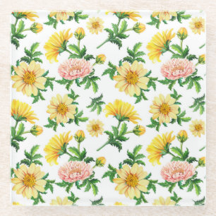 Chrysanthemums Watercolor: Seamless Floral Design Glass Coaster