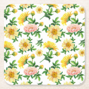 Chrysanthemums Watercolor: Seamless Floral Design Square Paper Coaster
