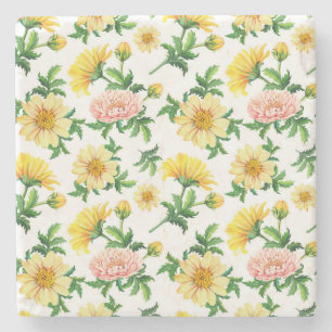 Chrysanthemums Watercolor: Seamless Floral Design Stone Coaster