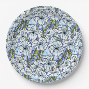 Chrysanthemums - White, Blue, Green Paper Plate
